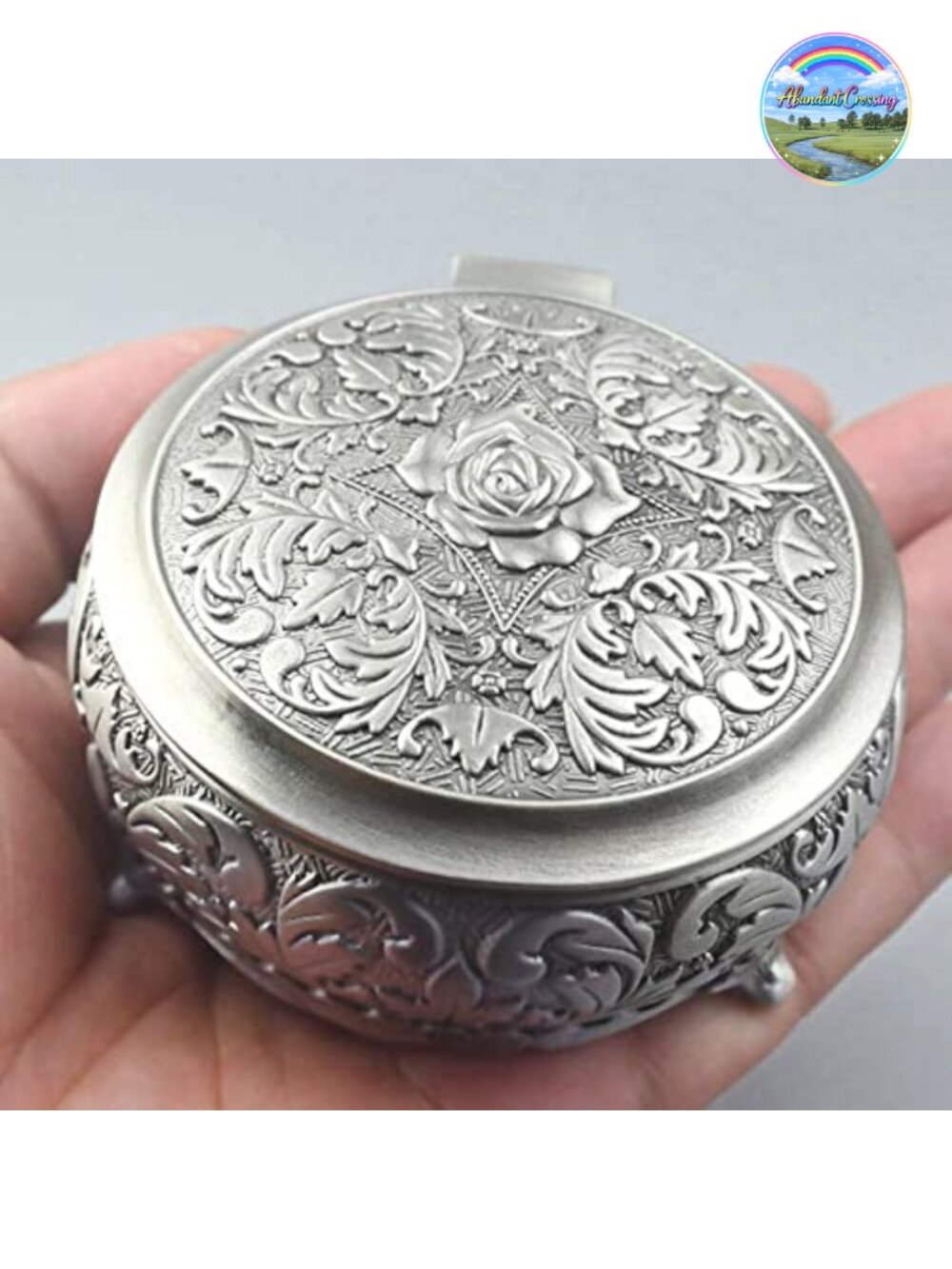 Round Embossed Alloy Metal Music Box Wind Up Antique Jewelry Musical Gift